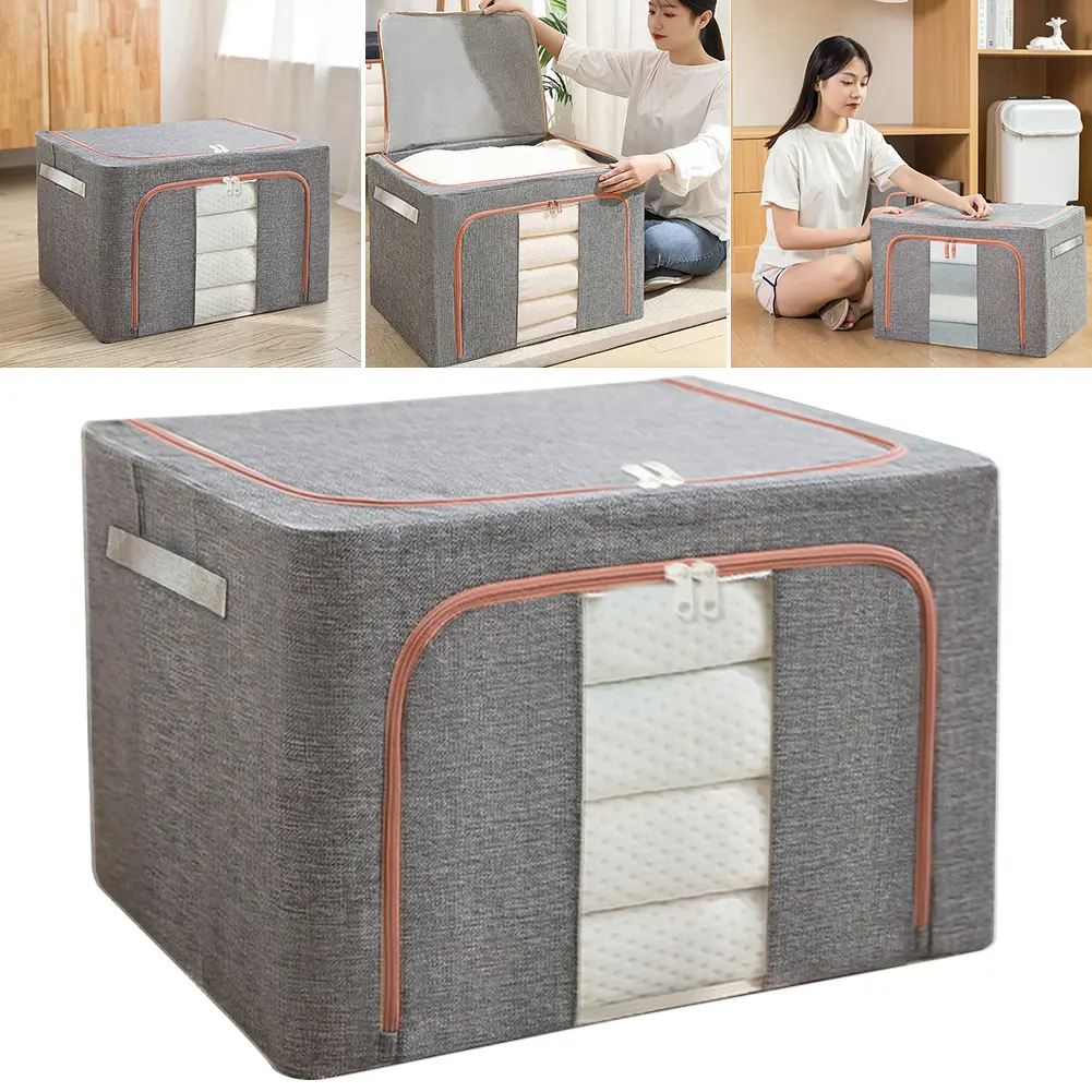Stackable Storage Bag Linen Foldable Clothes Storage Box with Zipper Wardrobe Organizer Dustproof Storage Box for Duvets Clothes