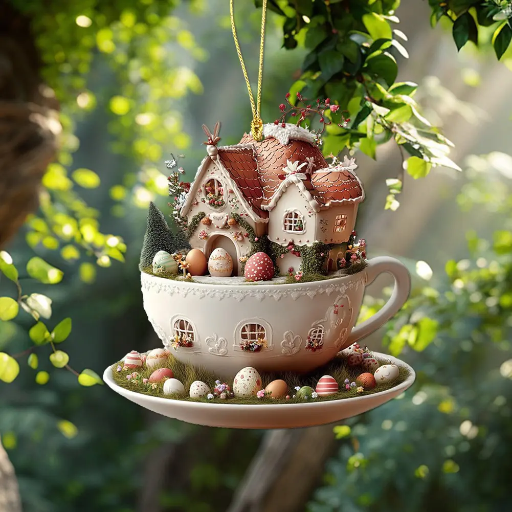 3/5pcs Easter Acrylic Bunny Ornament Pendant 2D Flat Rabbit Hanging Pendants Coffee Cup House Pendant Party Decoration