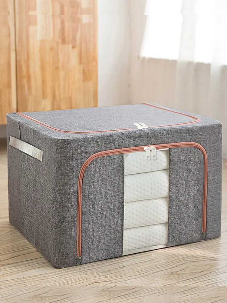 Stackable Storage Bag Linen Foldable Clothes Storage Box with Zipper Wardrobe Organizer Dustproof Storage Box for Duvets Clothes