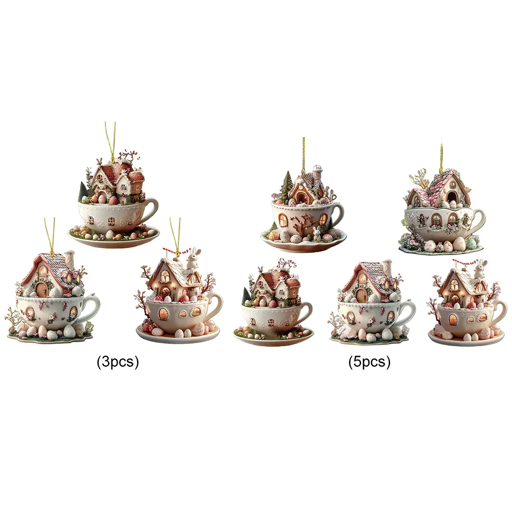 3/5pcs Easter Acrylic Bunny Ornament Pendant 2D Flat Rabbit Hanging Pendants Coffee Cup House Pendant Party Decoration