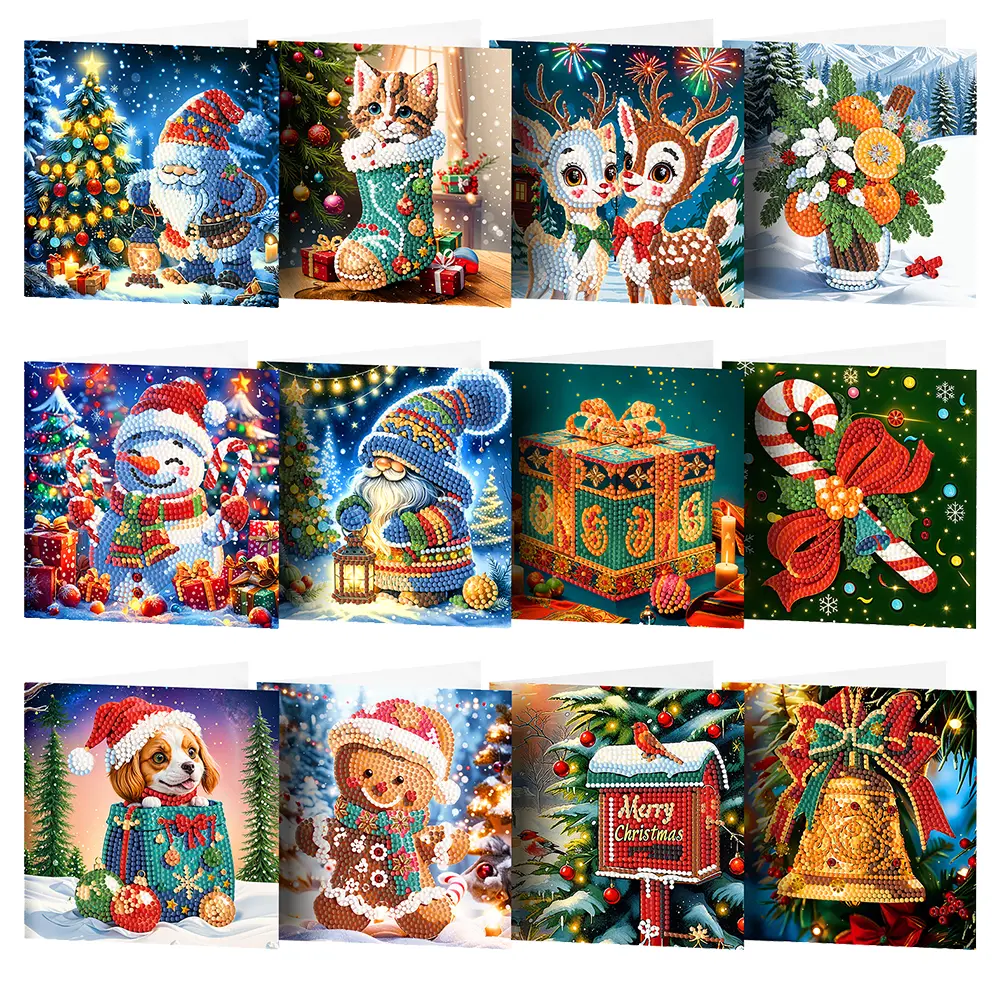 12Pcs Special Shape Christmas Snowman Rhinestone Painting Card Kit Diamond Daily Wish Card for Adults Holiday Friends Family