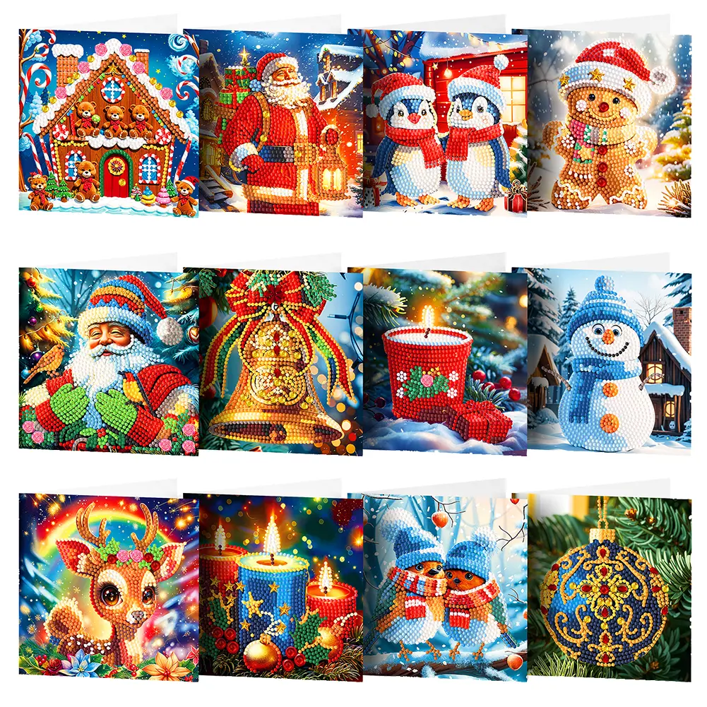 12Pcs Special Shape Christmas Snowman Rhinestone Painting Card Kit Diamond Daily Wish Card for Adults Holiday Friends Family