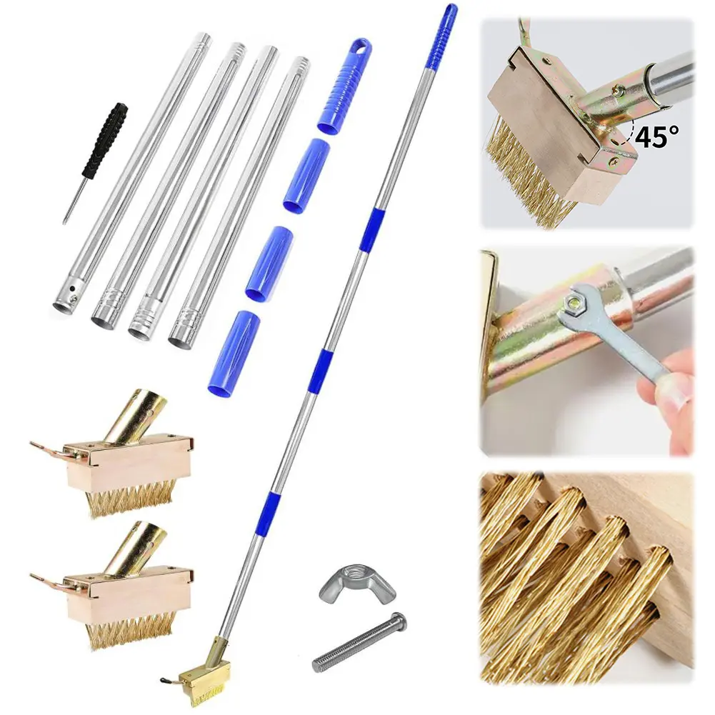 Weeding Wire Brush Tool W/ 2 Heads & 4 Handle Steel Wire Head Weeder Brush Garden Broom Weed Brush for Cleaning Moss and Weeds