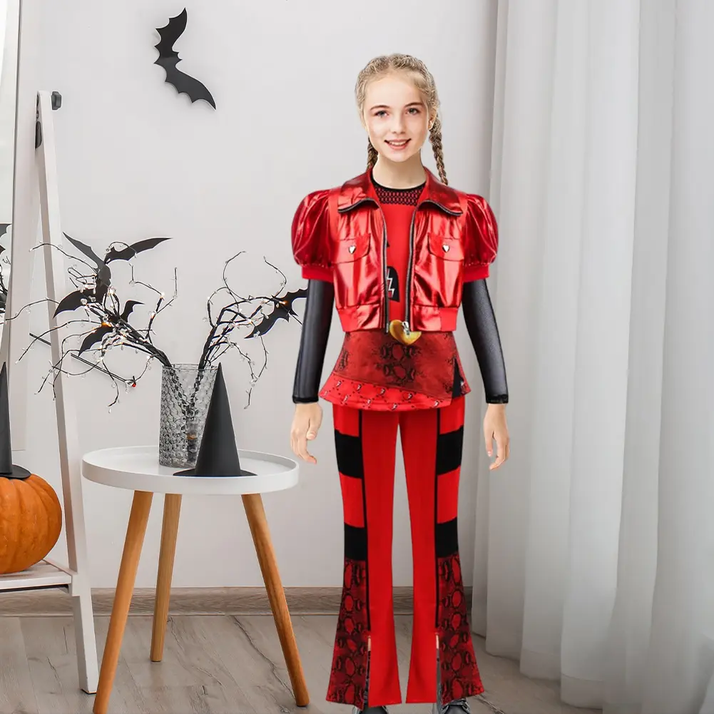 Halloween Descendants 4 Movie Stylish Red Costume Short Sleeves Jacket Top Flared Pants Wig 4PCS For Halloween Birthday Party