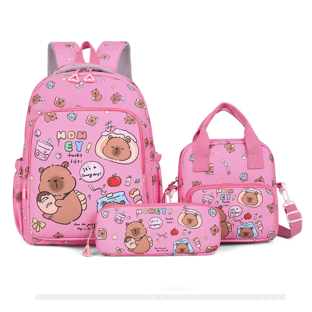 3in1 School Backpack Set Nylon Cute Bookbag Going Out Cartoon Laptop Travel Bag Breathable Back Large Capacity Cute Capybara Bag