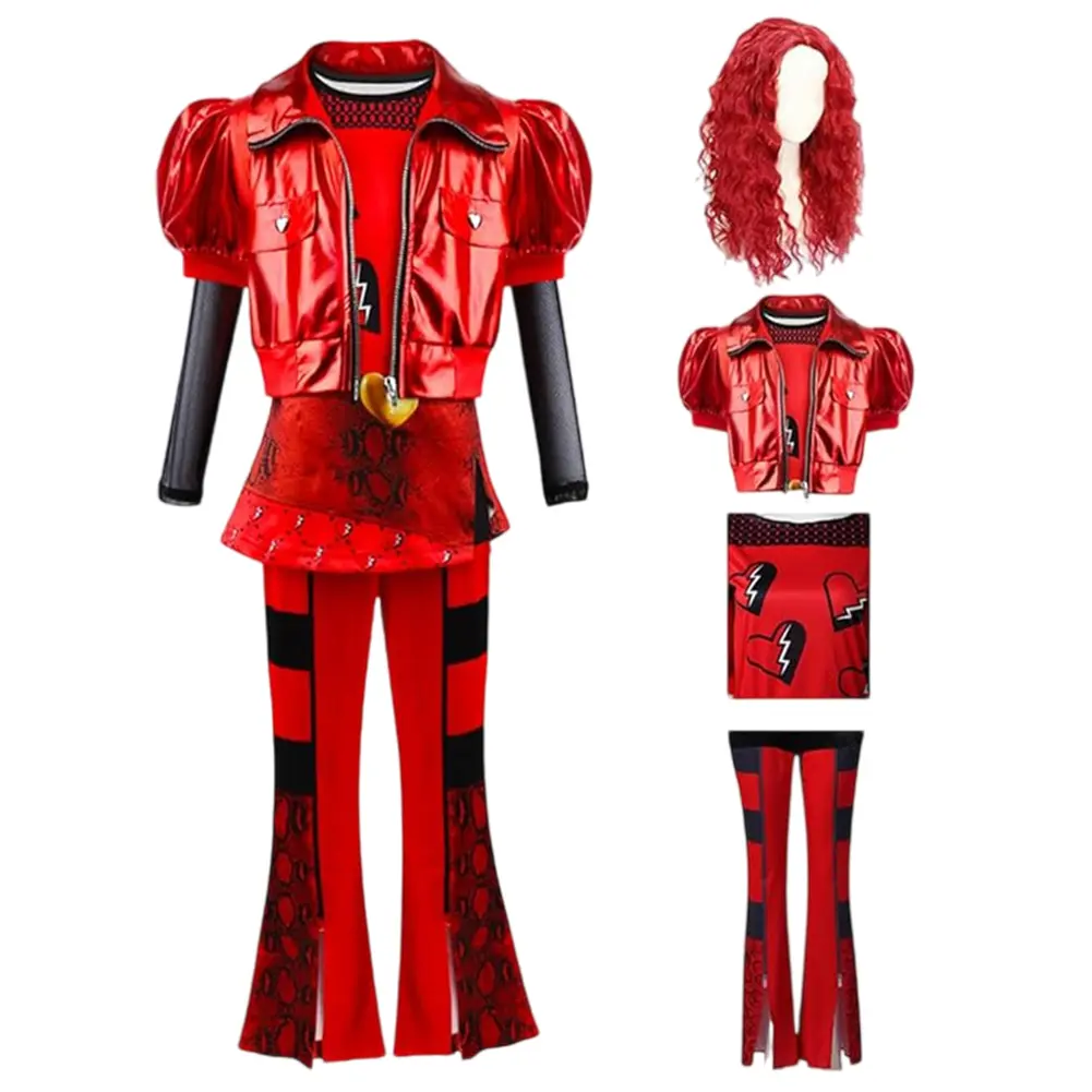 Halloween Descendants 4 Movie Stylish Red Costume Short Sleeves Jacket Top Flared Pants Wig 4PCS For Halloween Birthday Party