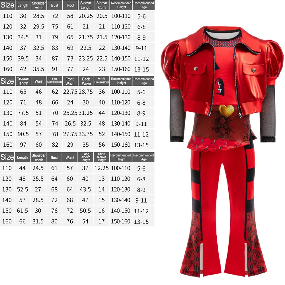Halloween Descendants 4 Movie Stylish Red Costume Short Sleeves Jacket Top Flared Pants Wig 4PCS For Halloween Birthday Party