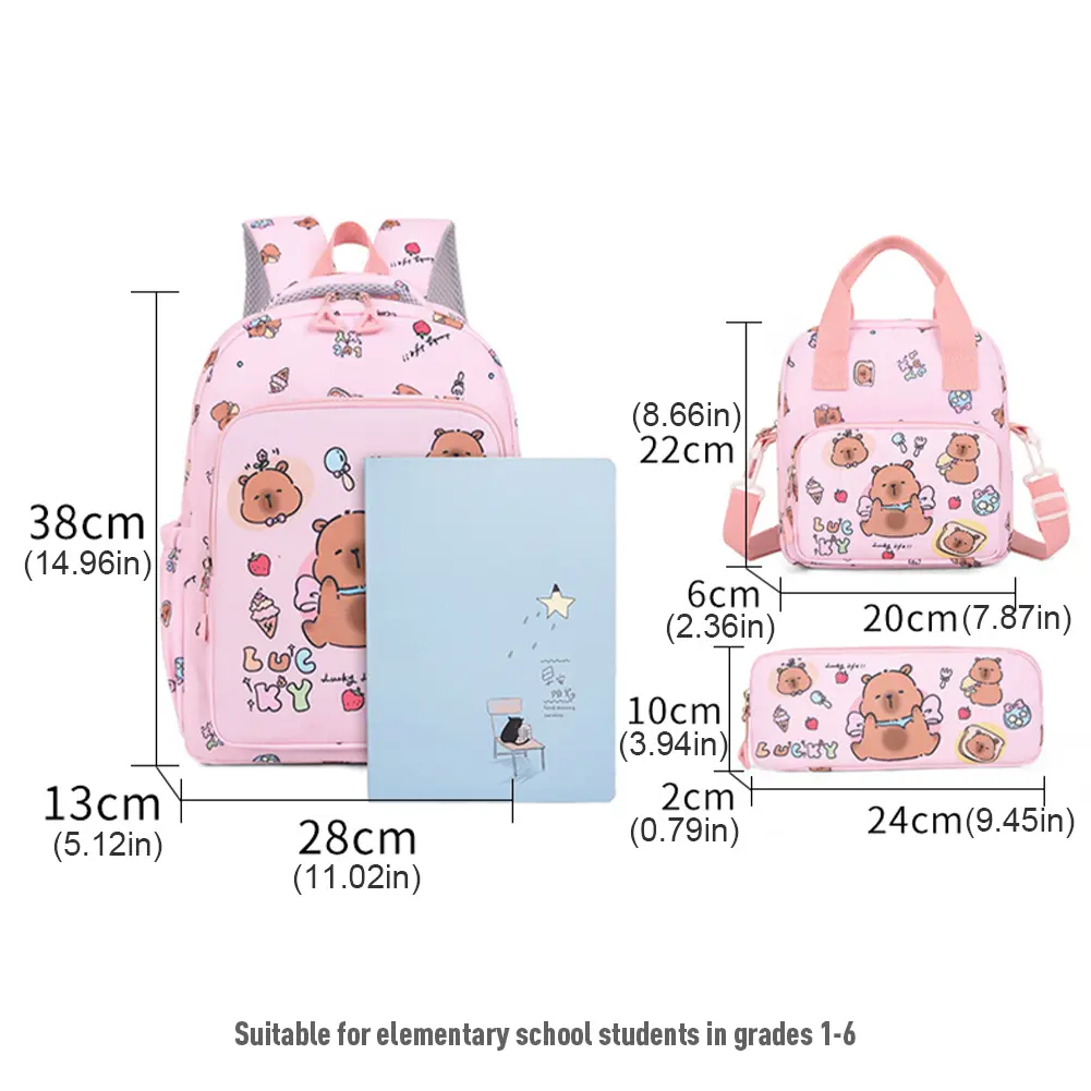 3in1 School Backpack Set Nylon Cute Bookbag Going Out Cartoon Laptop Travel Bag Breathable Back Large Capacity Cute Capybara Bag