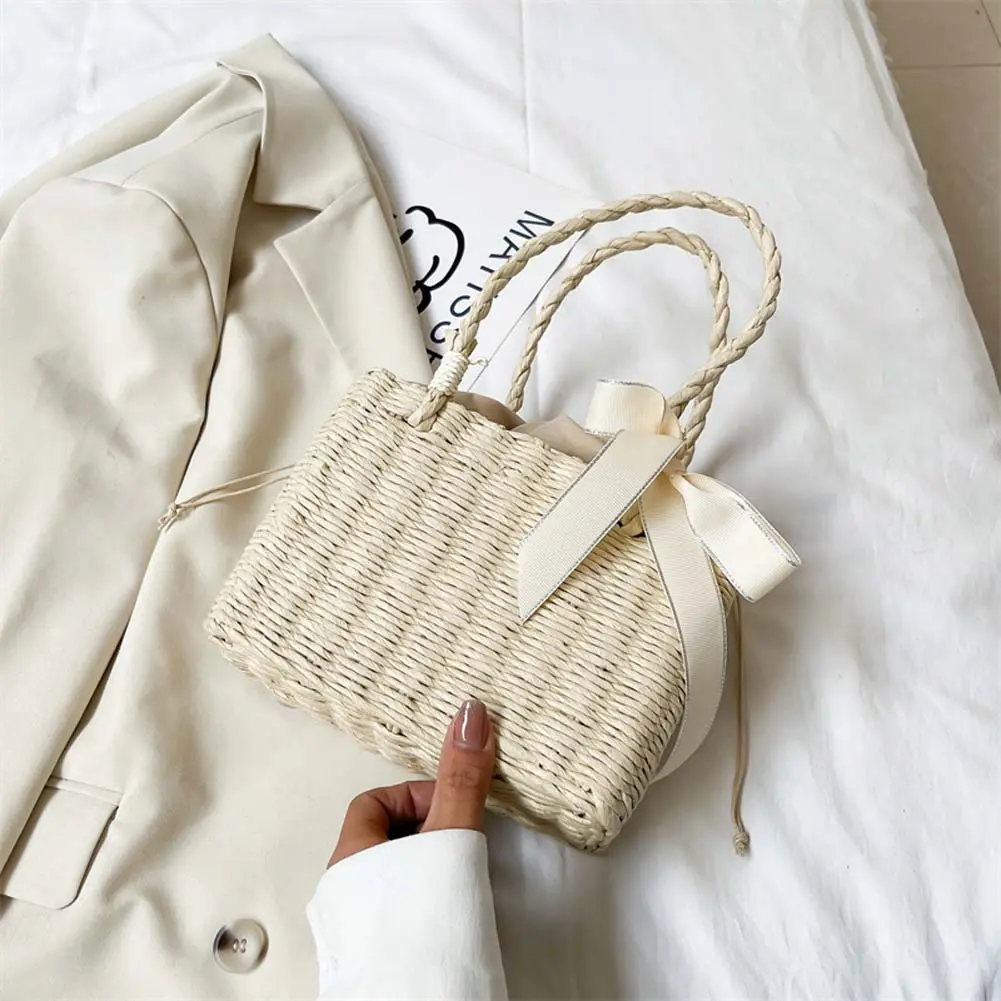 Handmade Woven Summer Beach Tote Bags Vintage Straw Square Basket Ladies Clutches Fashion Rattan Silk Ribbon Women Handbags