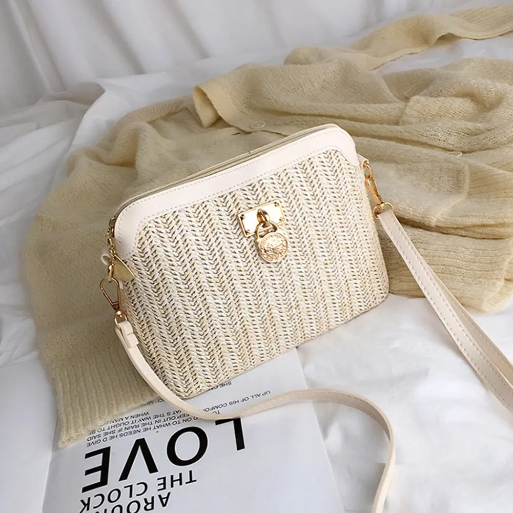 Stylish Shell Shape Straw Woven Shoulder Bag for Women Handmade Casual Beach Crossbody Purse with Adjustable Strap