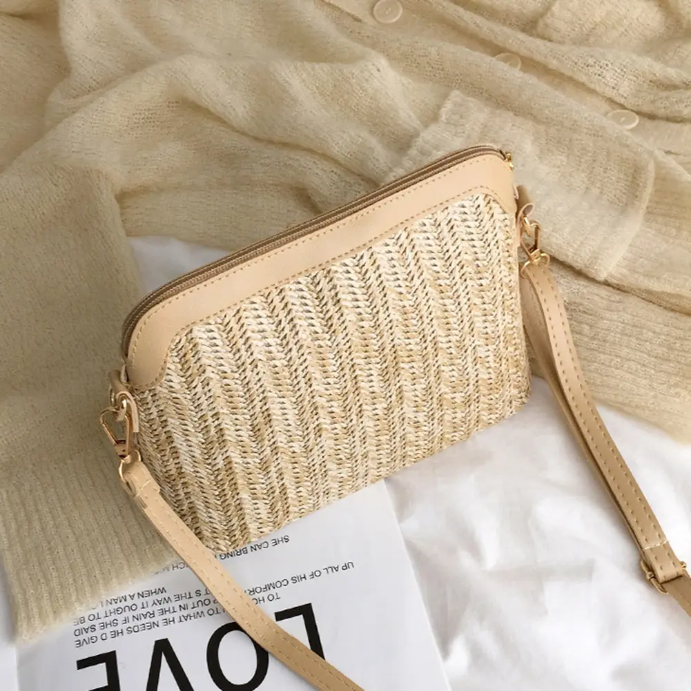 Stylish Shell Shape Straw Woven Shoulder Bag for Women Handmade Casual Beach Crossbody Purse with Adjustable Strap