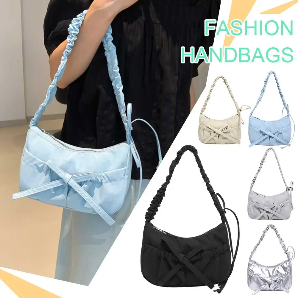 Women Fashion Shoulder Bag with Ruched Drawstring Strap Bow Chic Tote Handbag Solid Color Leisure Satchel Bag Ladies Outdoor Bag