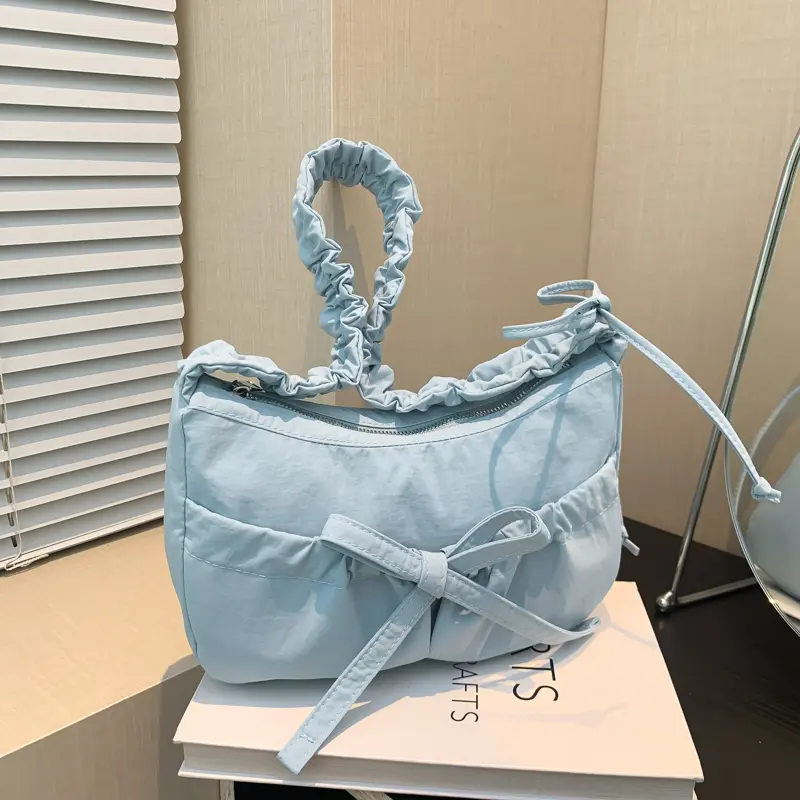 Women Fashion Shoulder Bag with Ruched Drawstring Strap Bow Chic Tote Handbag Solid Color Leisure Satchel Bag Ladies Outdoor Bag