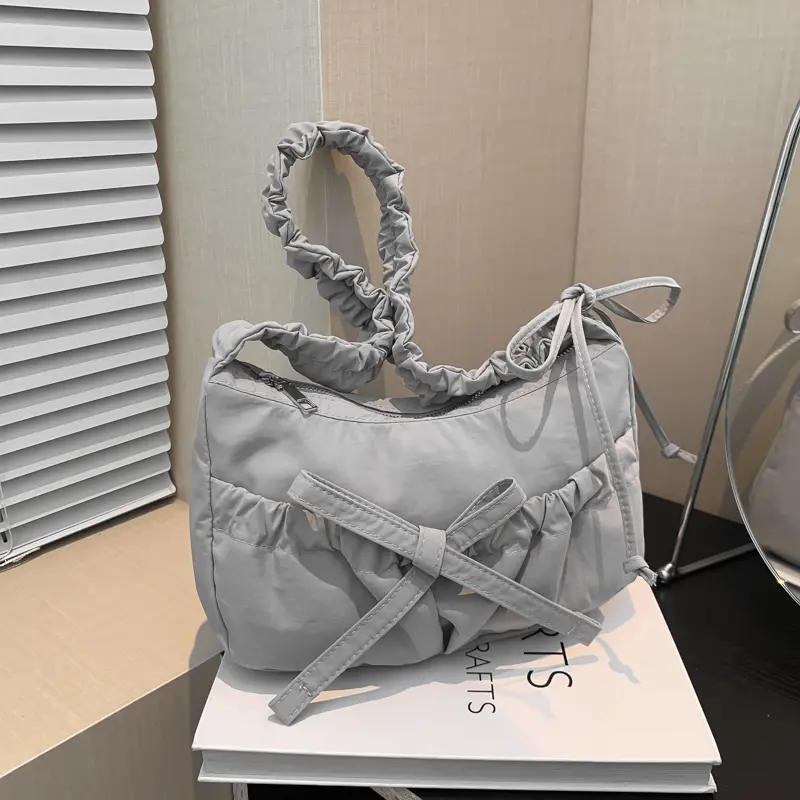 Women Fashion Shoulder Bag with Ruched Drawstring Strap Bow Chic Tote Handbag Solid Color Leisure Satchel Bag Ladies Outdoor Bag