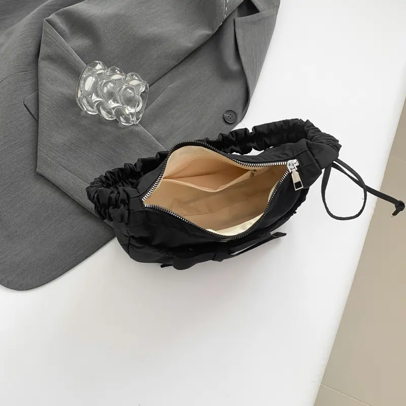 Women Fashion Shoulder Bag with Ruched Drawstring Strap Bow Chic Tote Handbag Solid Color Leisure Satchel Bag Ladies Outdoor Bag