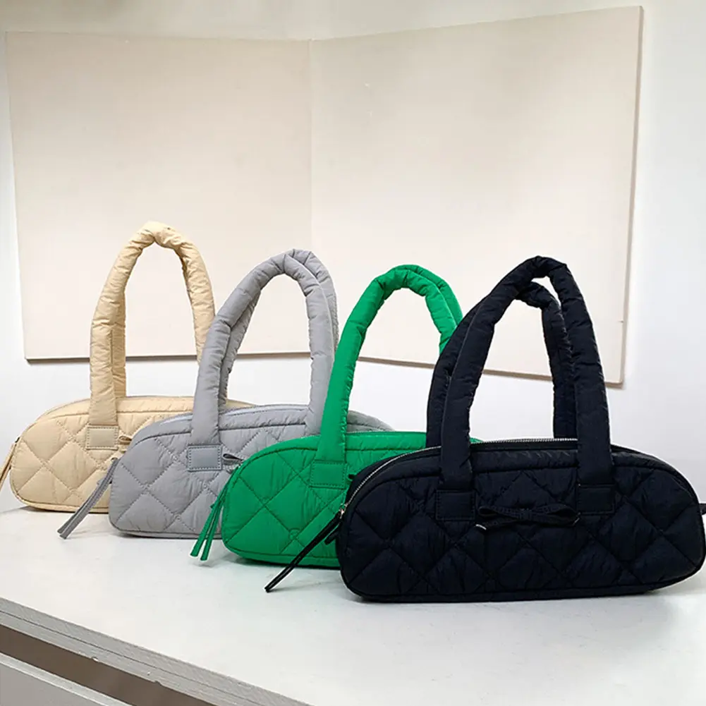 Women Shoulder Bag Quilted Nylon Underarm Bag Bowknot Hobo Bag with Inner Pockets Puffer Bag for Shopping Work Travel