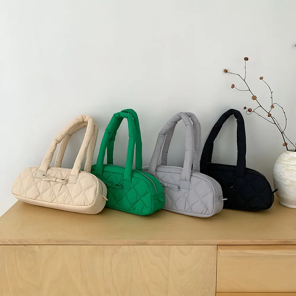 Women Shoulder Bag Quilted Nylon Underarm Bag Bowknot Hobo Bag with Inner Pockets Puffer Bag for Shopping Work Travel