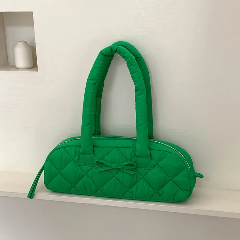 Women Shoulder Bag Quilted Nylon Underarm Bag Bowknot Hobo Bag with Inner Pockets Puffer Bag for Shopping Work Travel