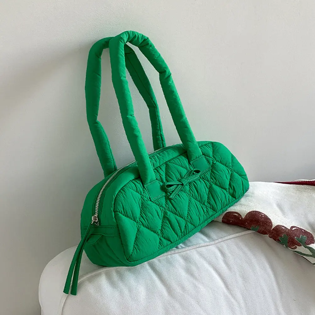 Women Shoulder Bag Quilted Nylon Underarm Bag Bowknot Hobo Bag with Inner Pockets Puffer Bag for Shopping Work Travel