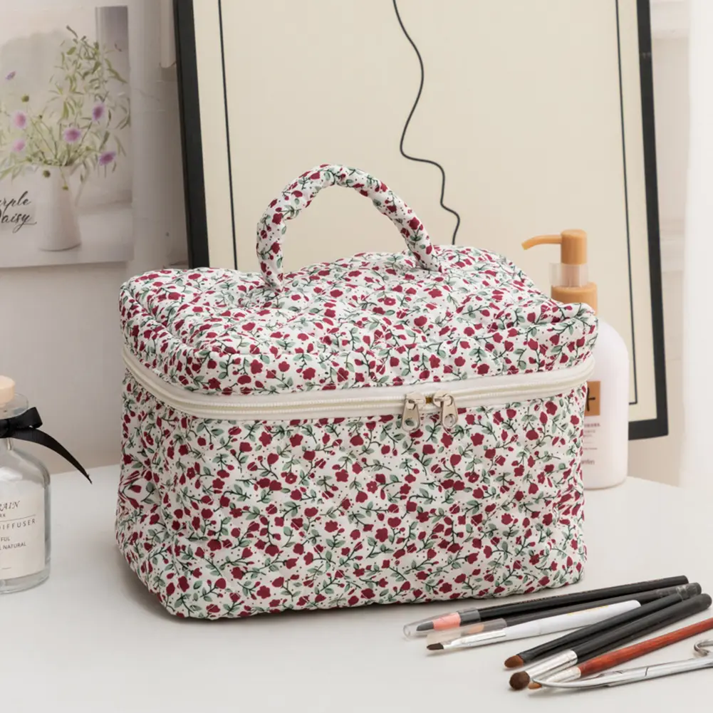 3Pcs Floral Travel Makeup Pouch Cotton Quilted Toiletry Bag Large Capacity Cosmetic Organizer Case with Zipper for Women Girls