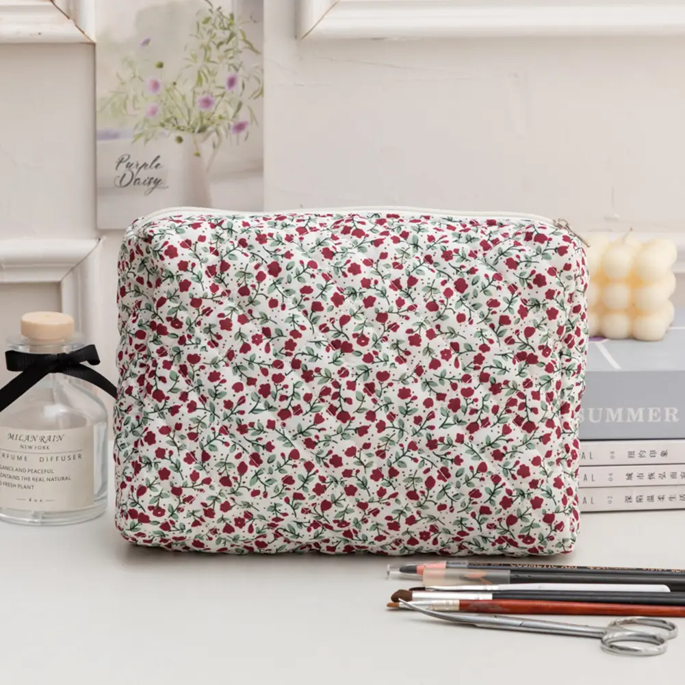 3Pcs Floral Travel Makeup Pouch Cotton Quilted Toiletry Bag Large Capacity Cosmetic Organizer Case with Zipper for Women Girls