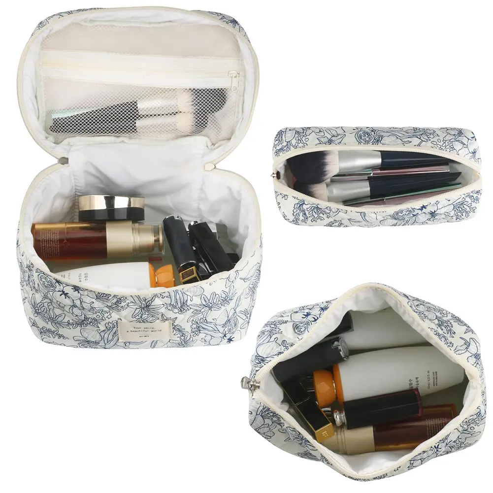 3Pcs Floral Travel Makeup Pouch Cotton Quilted Toiletry Bag Large Capacity Cosmetic Organizer Case with Zipper for Women Girls