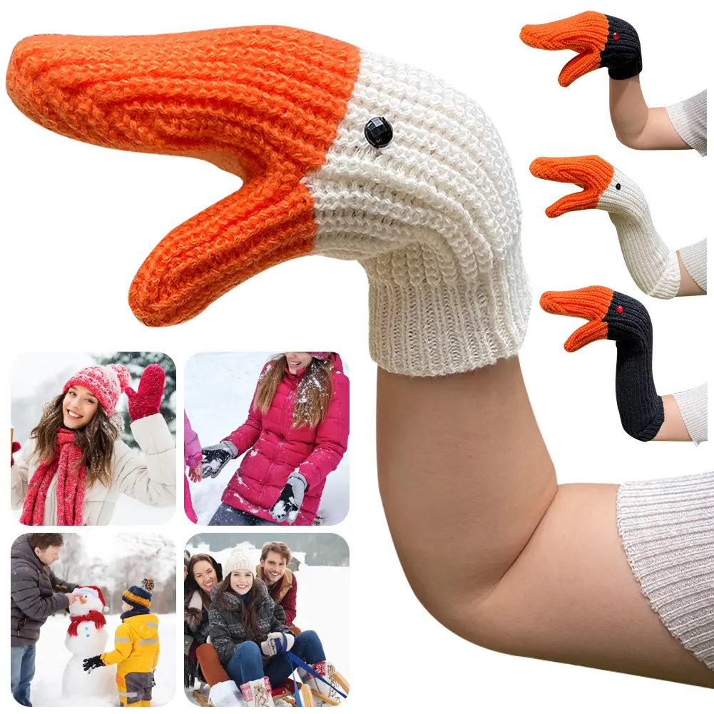 Unisex Cartoon Swan Mittens Cold-Proof Kawaii Swan Gloves Full Finger Creative Knitting Gloves for Children Adult