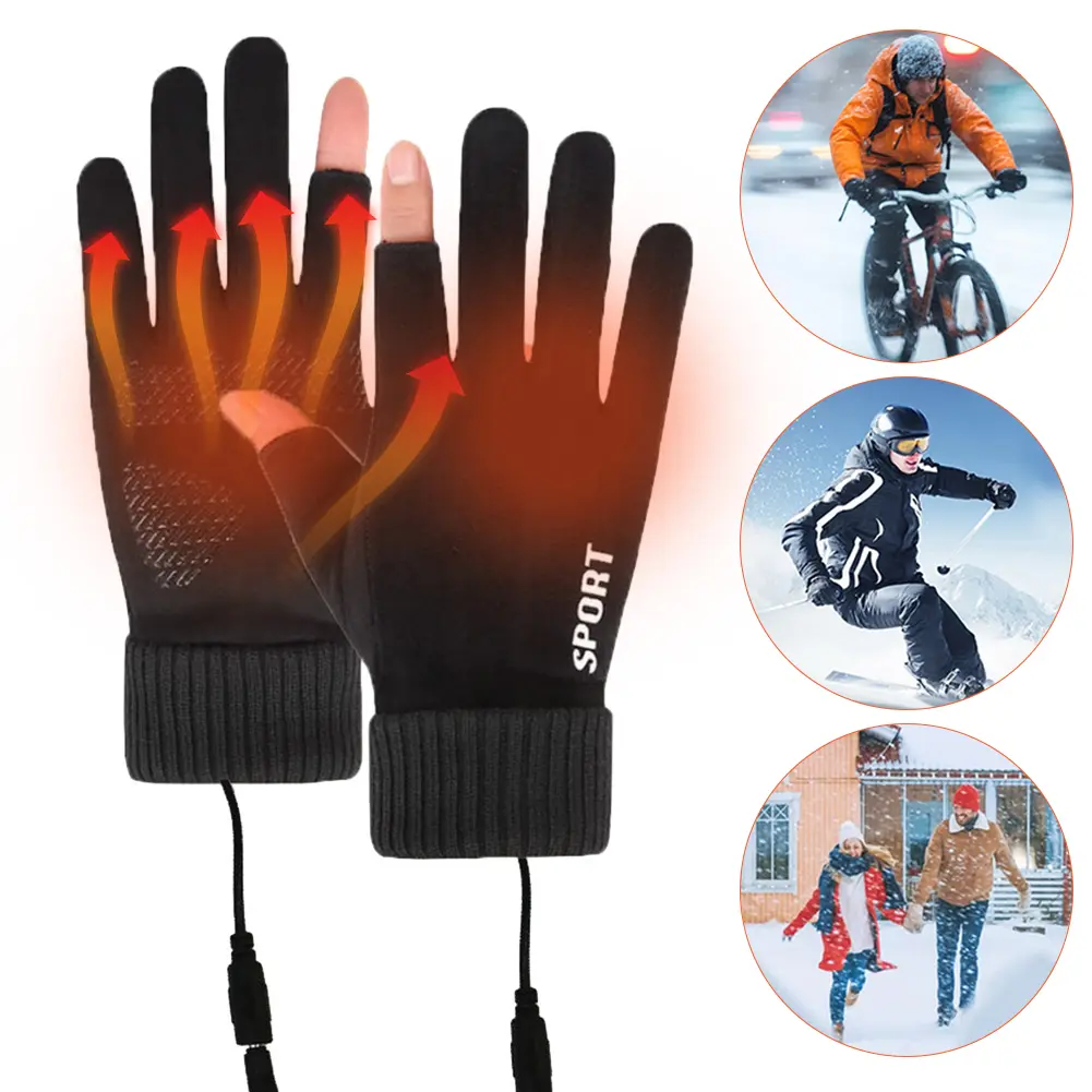 Touch Screen Heated Motorcycle Gloves Windproof USB Rechargeable Heating Thermal Gloves 2 Finger Heated Gloves Winter Ski Gloves