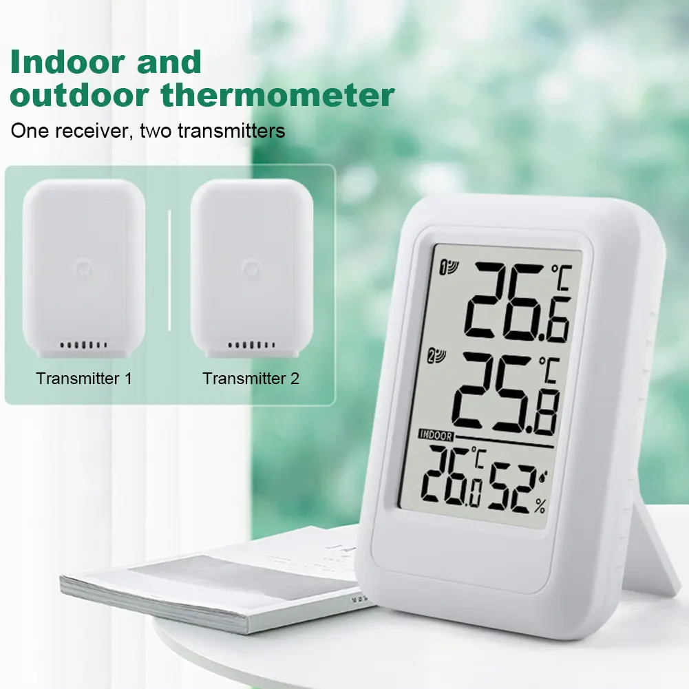 Wireless Weather Station Indoor Outdoor Thermometer Foladable Stand Inside Outside Thermometer 100m Range for Home Office