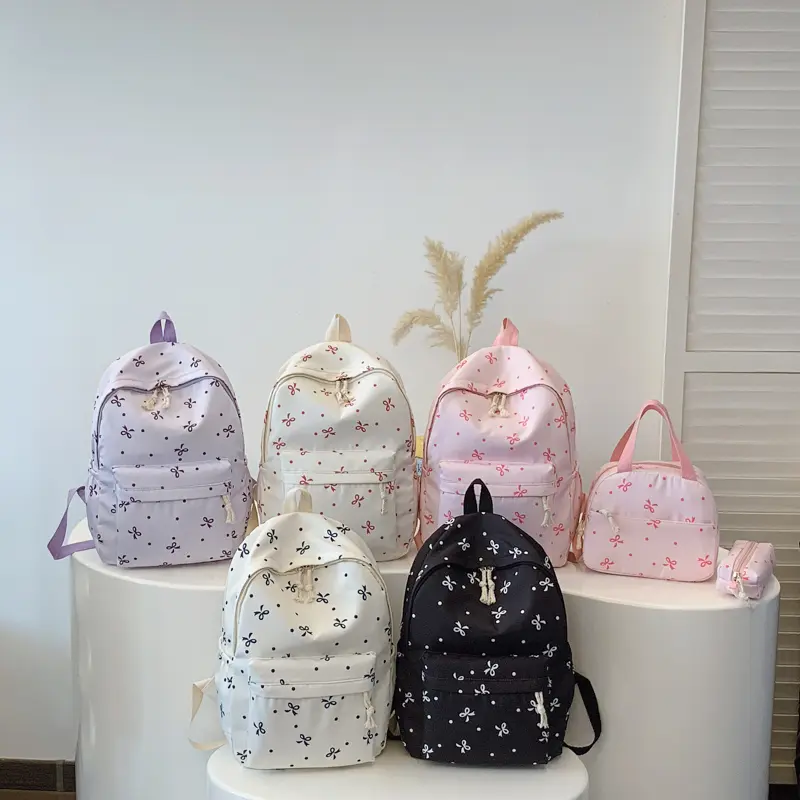 3Pcs Simple Cute Backpack Set with Handbag Pencil Case Kawaii Nylon Bowknot Backpack Laptop School Bag for Girl Student Teen
