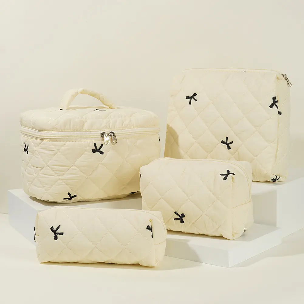 4 Pcs Makeup Bag Embroidered Bow Women Travel Cosmetic Bag Quilted Cosmetic Pouch Cute Kawaii for Travel Shopping