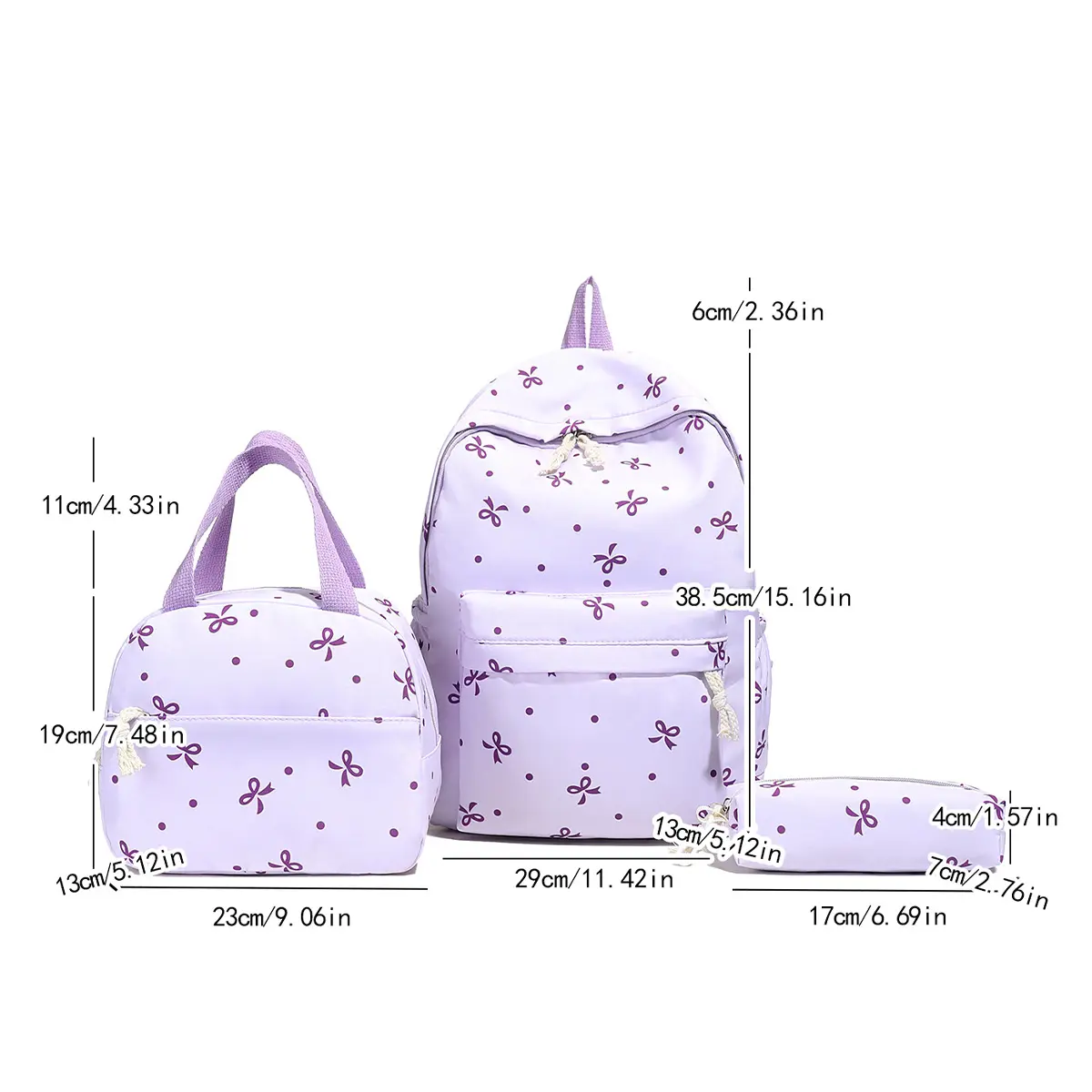 3Pcs Simple Cute Backpack Set with Handbag Pencil Case Kawaii Nylon Bowknot Backpack Laptop School Bag for Girl Student Teen