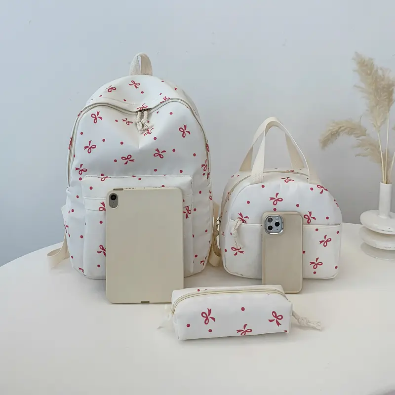 3Pcs Simple Cute Backpack Set with Handbag Pencil Case Kawaii Nylon Bowknot Backpack Laptop School Bag for Girl Student Teen