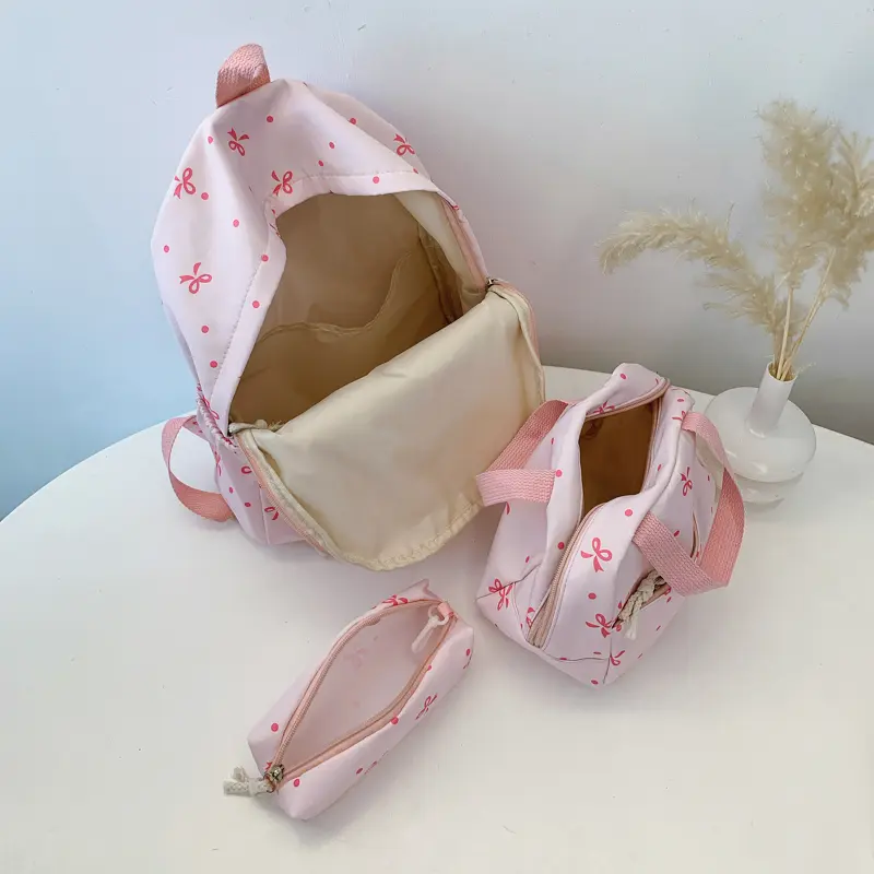 3Pcs Simple Cute Backpack Set with Handbag Pencil Case Kawaii Nylon Bowknot Backpack Laptop School Bag for Girl Student Teen