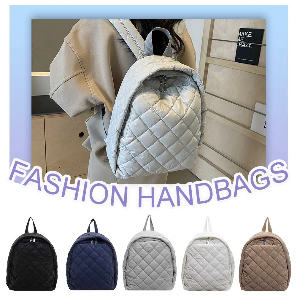 Puffer Bag for Women Men Quilted School Bag Nylon Adjustable Strap Laptop Backpack Zipper Rucksack Travel Daypack