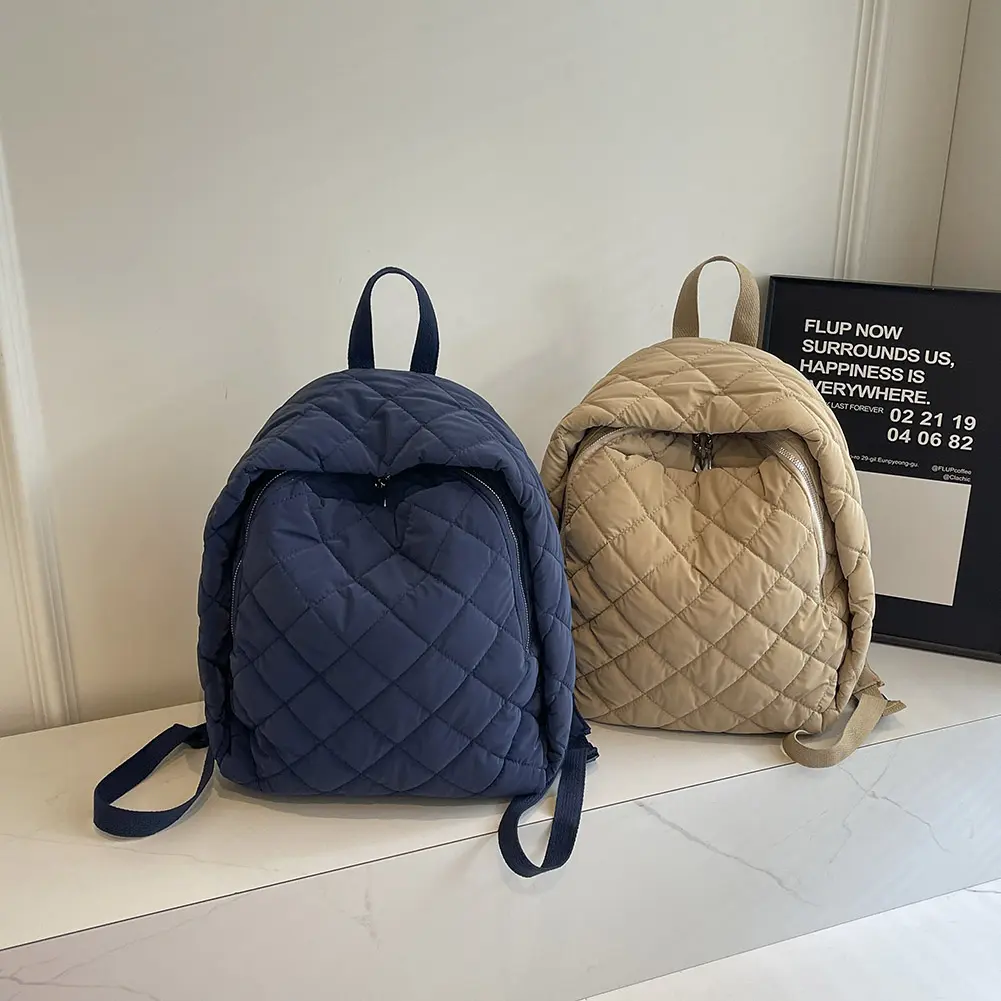 Puffer Bag for Women Men Quilted School Bag Nylon Adjustable Strap Laptop Backpack Zipper Rucksack Travel Daypack