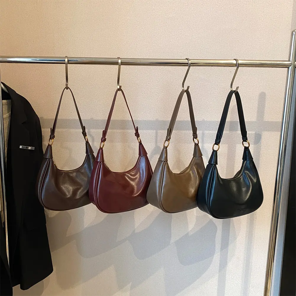 Shoulder Bag for Women Adjustable Strap Underarm Bag PU Leather with Zipper Crescent Bag Solid Work Travel Bag