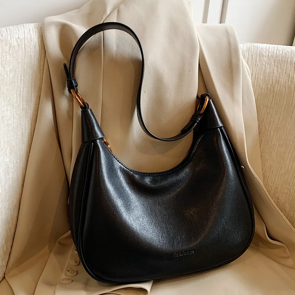 Shoulder Bag for Women Adjustable Strap Underarm Bag PU Leather with Zipper Crescent Bag Solid Work Travel Bag