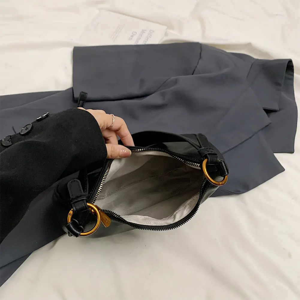 Shoulder Bag for Women Adjustable Strap Underarm Bag PU Leather with Zipper Crescent Bag Solid Work Travel Bag