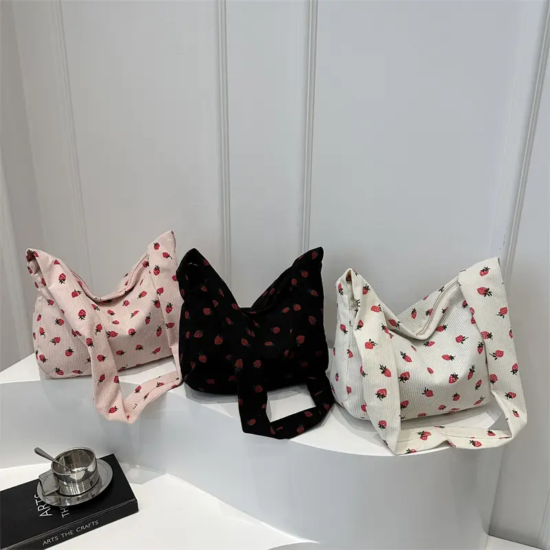 Women Corduroy Tote Bag Cute Strawberry Hobo Purse with Zipper Shoulder Bag Satchel Bag for Shopping Dating