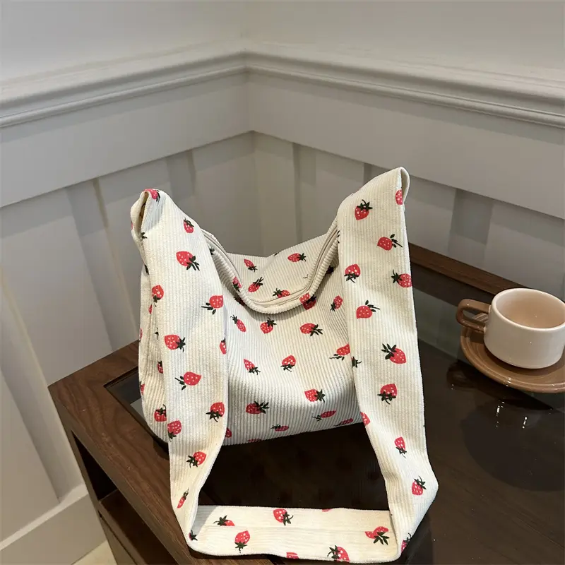 Women Corduroy Tote Bag Cute Strawberry Hobo Purse with Zipper Shoulder Bag Satchel Bag for Shopping Dating