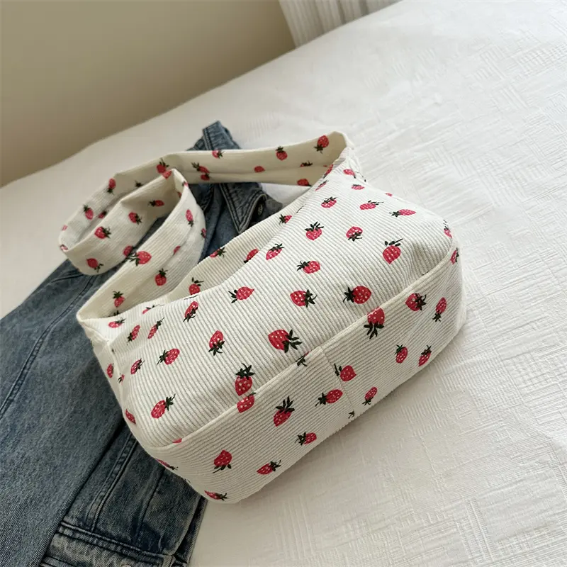 Women Corduroy Tote Bag Cute Strawberry Hobo Purse with Zipper Shoulder Bag Satchel Bag for Shopping Dating