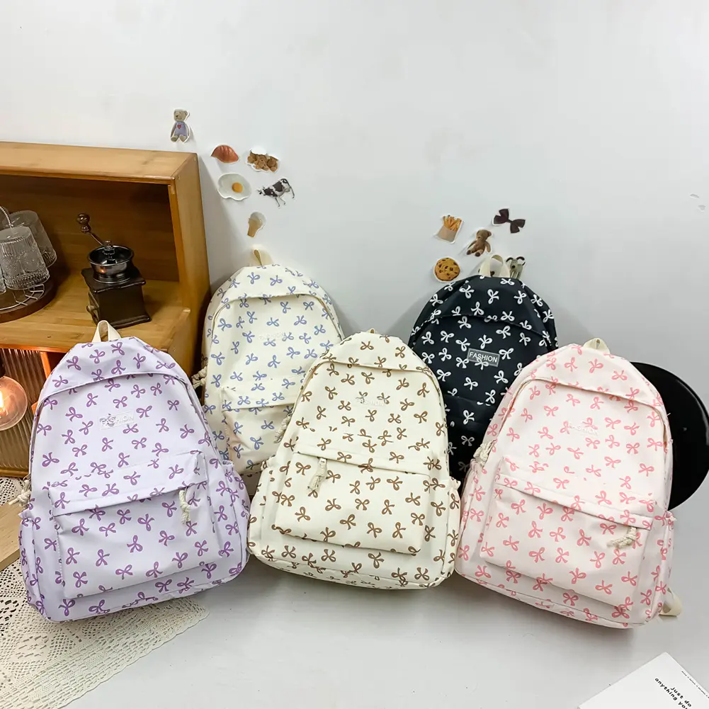 Nylon Student Backpack Bow Printed for Girls Women Schoolbag Adjustable Strap Travel Bag Cute Knapsack