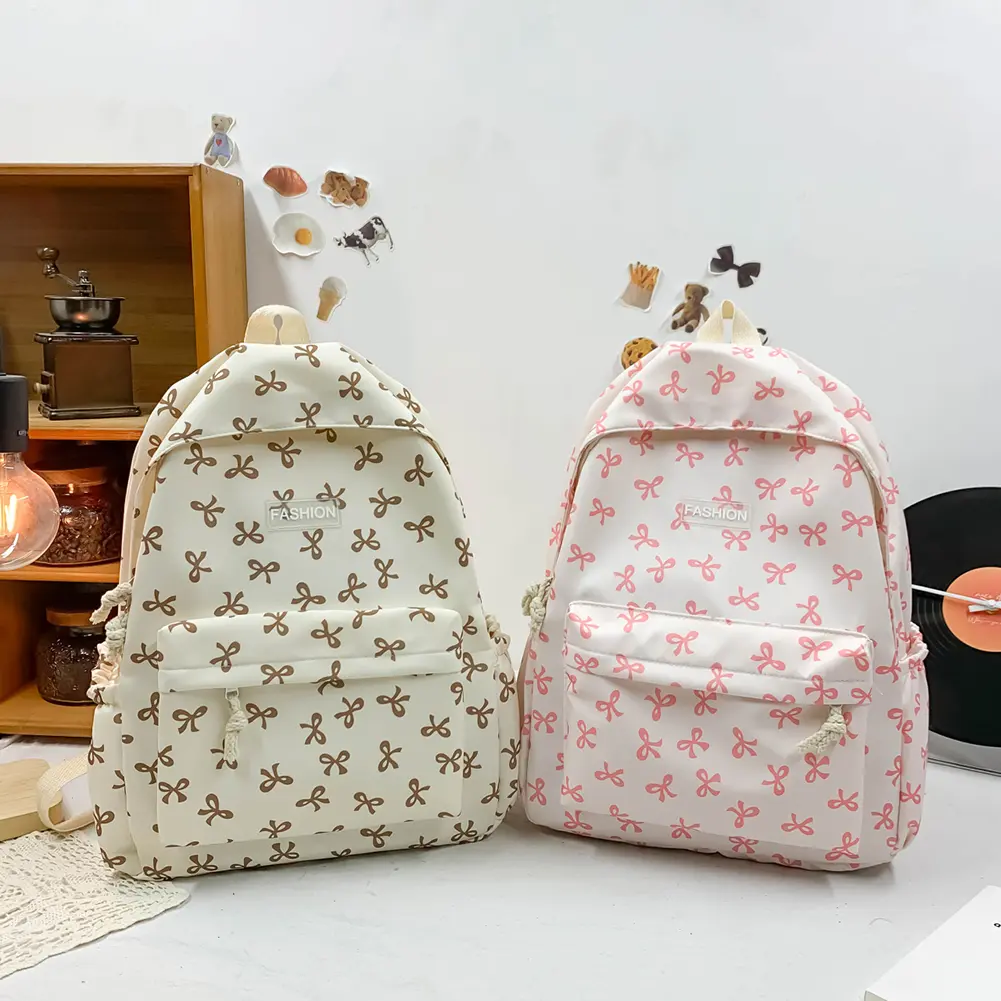 Nylon Student Backpack Bow Printed for Girls Women Schoolbag Adjustable Strap Travel Bag Cute Knapsack