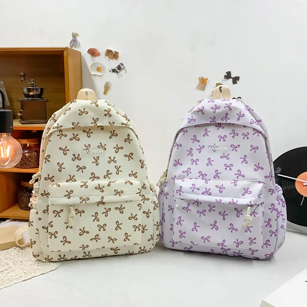 Nylon Student Backpack Bow Printed for Girls Women Schoolbag Adjustable Strap Travel Bag Cute Knapsack