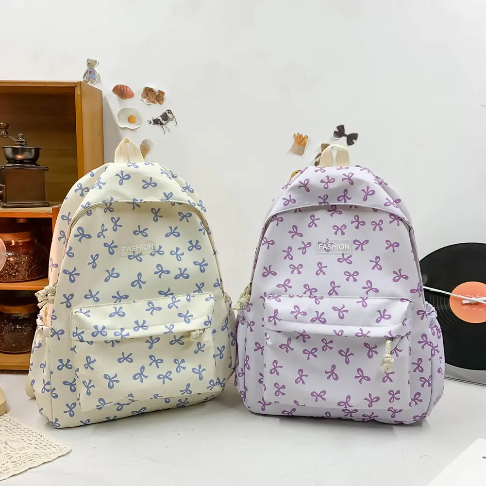 Nylon Student Backpack Bow Printed for Girls Women Schoolbag Adjustable Strap Travel Bag Cute Knapsack