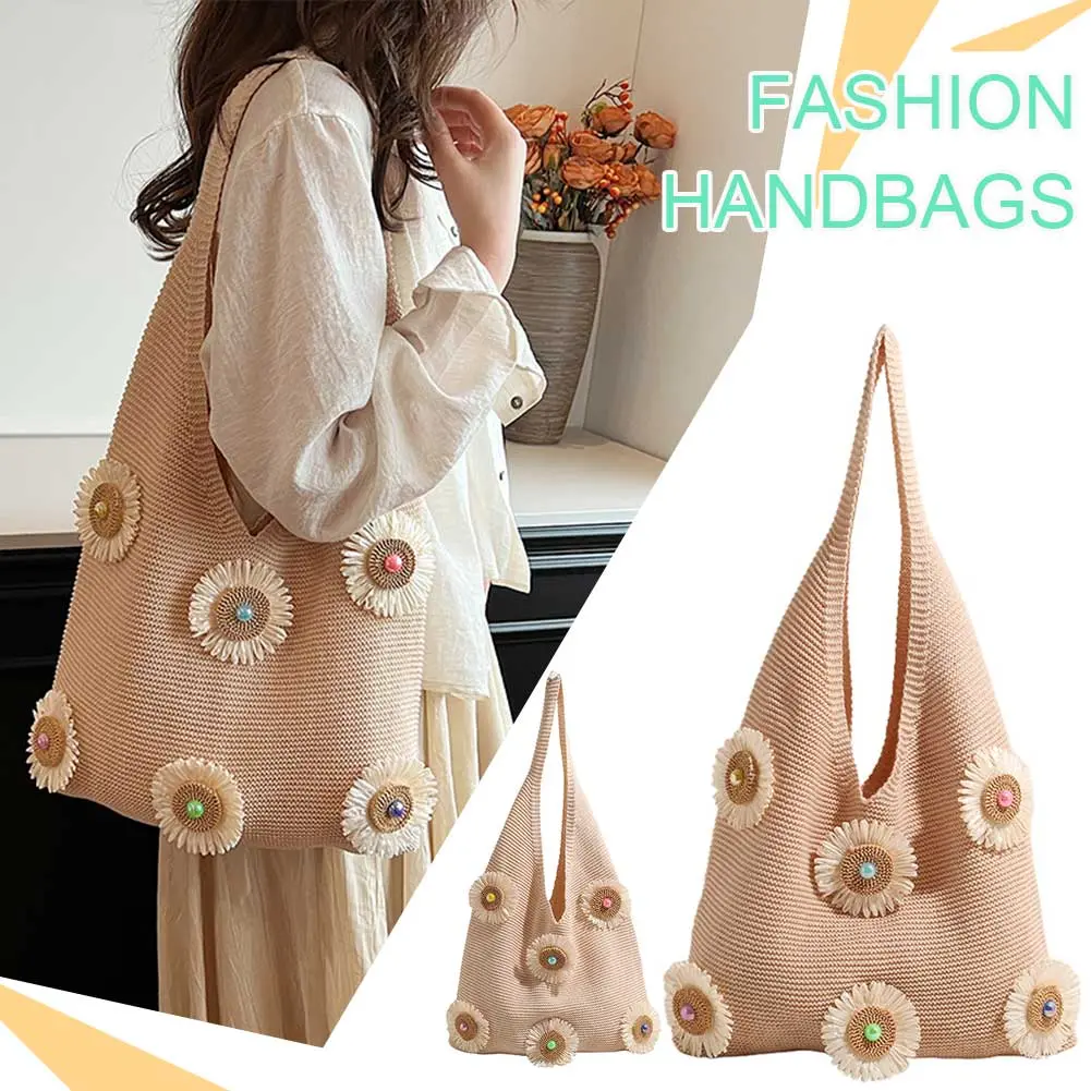 Women Knitted Tote Handbag Hollow Out Flower Woven Shoulder Bag Large Capacity Simple Underarm Bag Ladies Daily Handbag