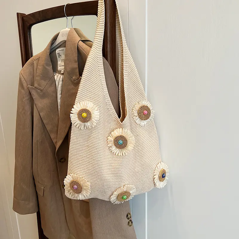 Women Knitted Tote Handbag Hollow Out Flower Woven Shoulder Bag Large Capacity Simple Underarm Bag Ladies Daily Handbag