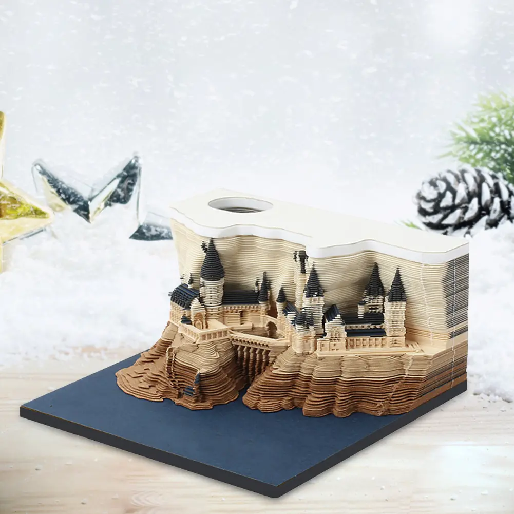 3D Desk Calendar Memo Pad Castle DIY Paper Carving Artsy Pads Tear Off Paper Reveal Magic Castle House Sculpture for Office/Home