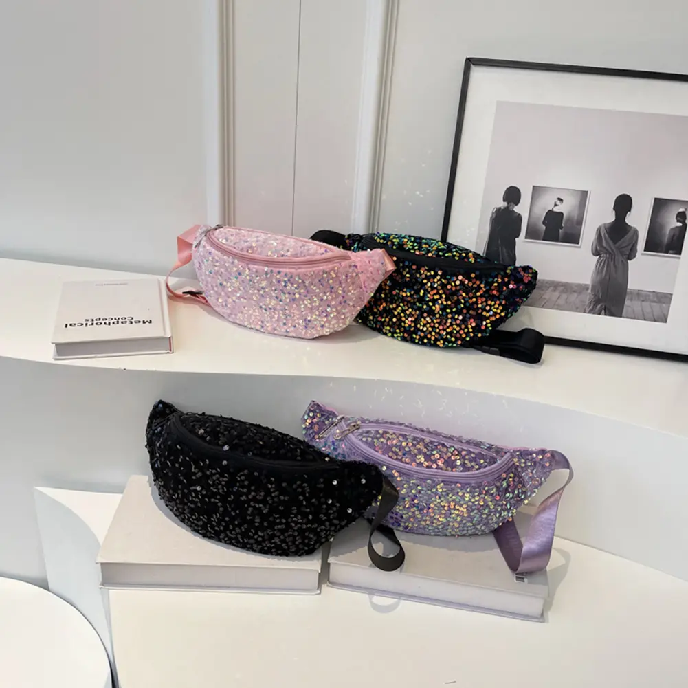 Sequin PU Leather Chest Bag for Women Trendy Crossbody Bag Sling Banana Bag Shiny Shoulder Bag Phone Waist Bag Handbags Purse